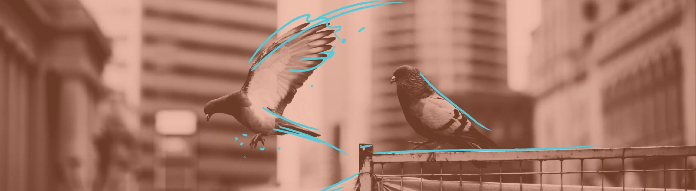 Pigeons on a rail against a city skyline